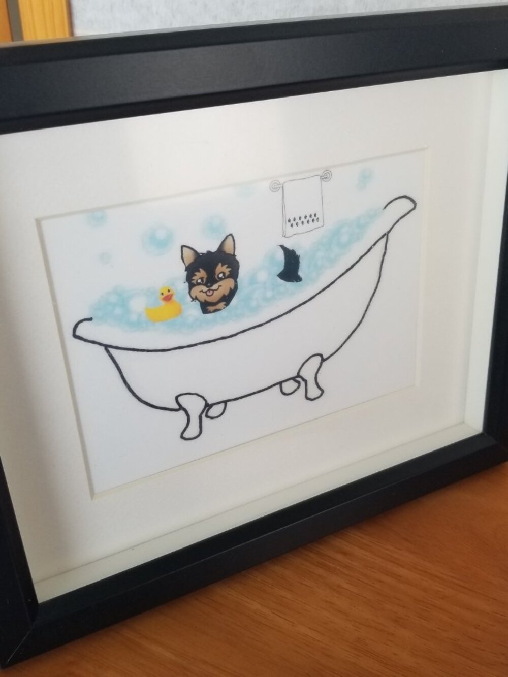 Framed Terrier Bathtub Print Yorkie Dog Lover 9" x 11" black Frame Bathroom Art